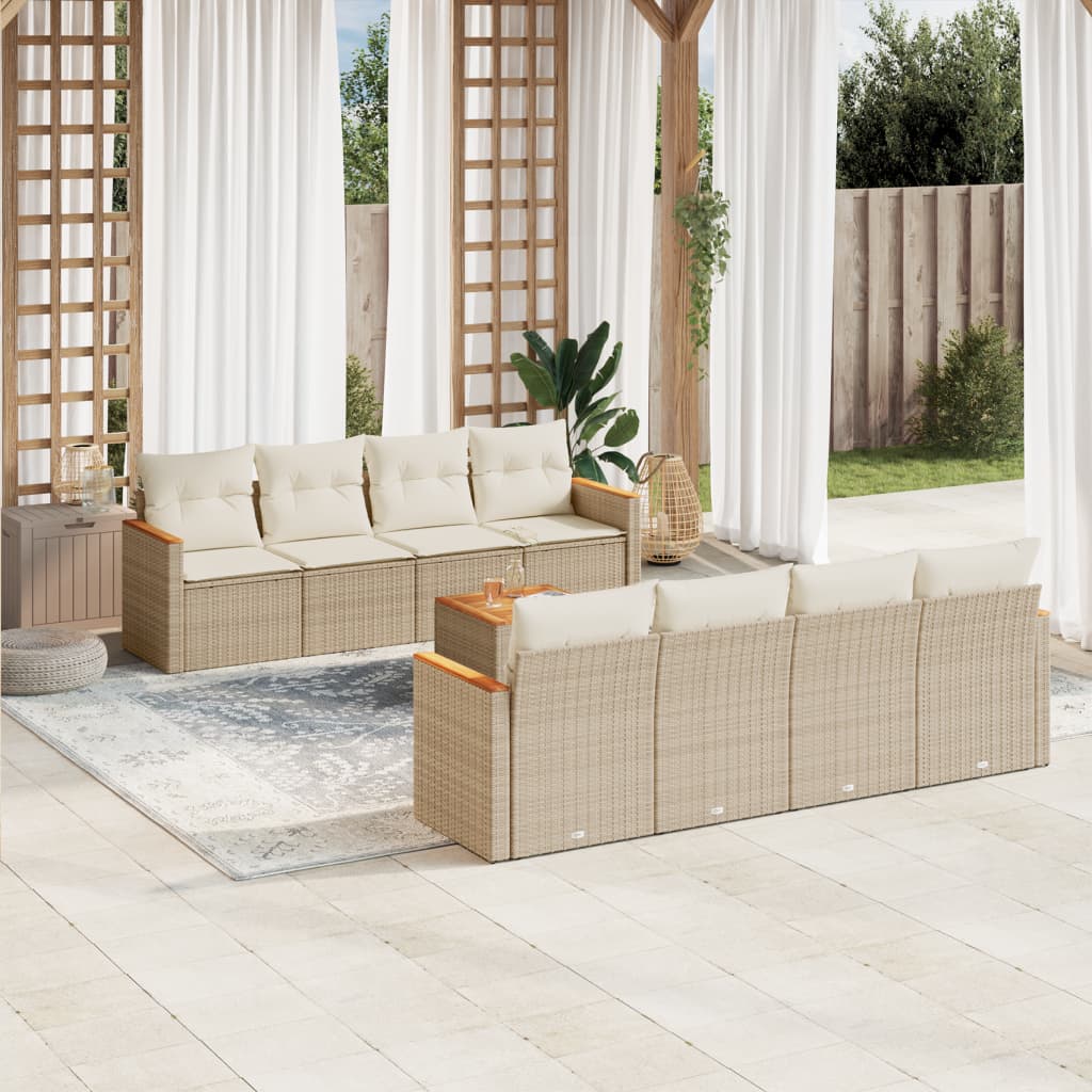 Vidaxl 9-Cz. Garden Furniture Set With Cushions, Beige, Poly Rattan