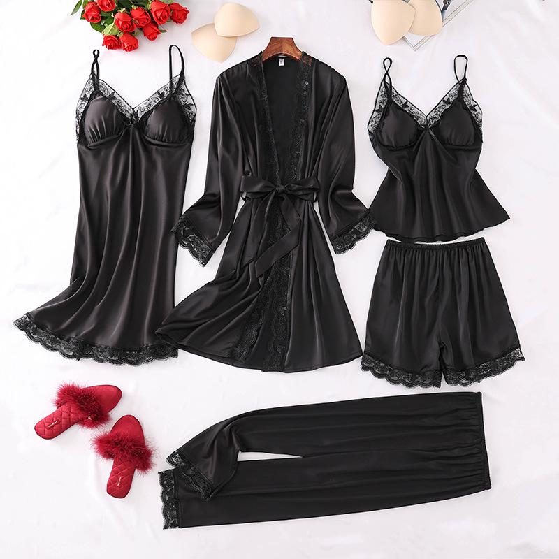 

Женский шелковый кружевной пижамный комплект - 5 предметов: Ночная рубашка с длинными рукавами, ночная рубашка, нагрудник, шорты Large