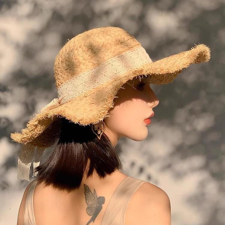 Lafite Straw Hat Women's Spring and Summer Big Brim Sunshade Sun Protection Hat Seaside Vacation Woven Hat Wavy Beach Hat