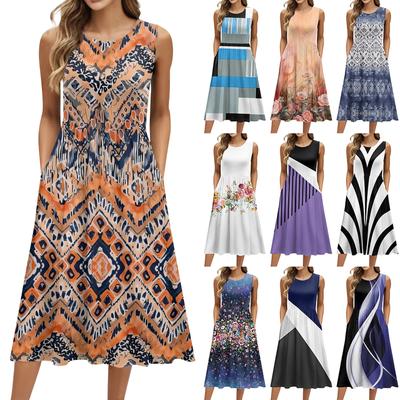 Women's Fashionable Retro Floral Print Round Neck Sleeveless Casual Pullover Pocket Mid Length Dress