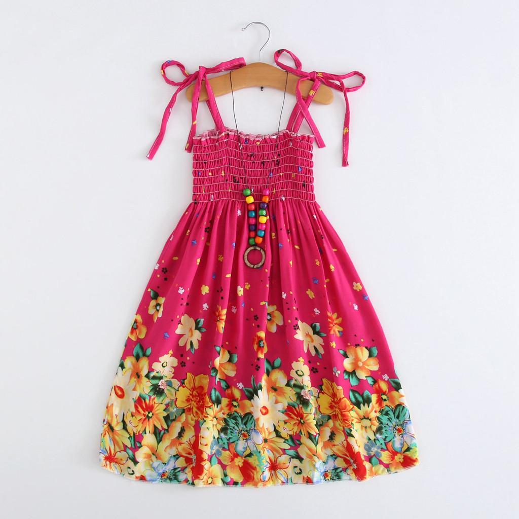 (SU)Богемное пляжное платье на бретелях с цветочным принтом для маленьких девочек, одежда принцессы 100