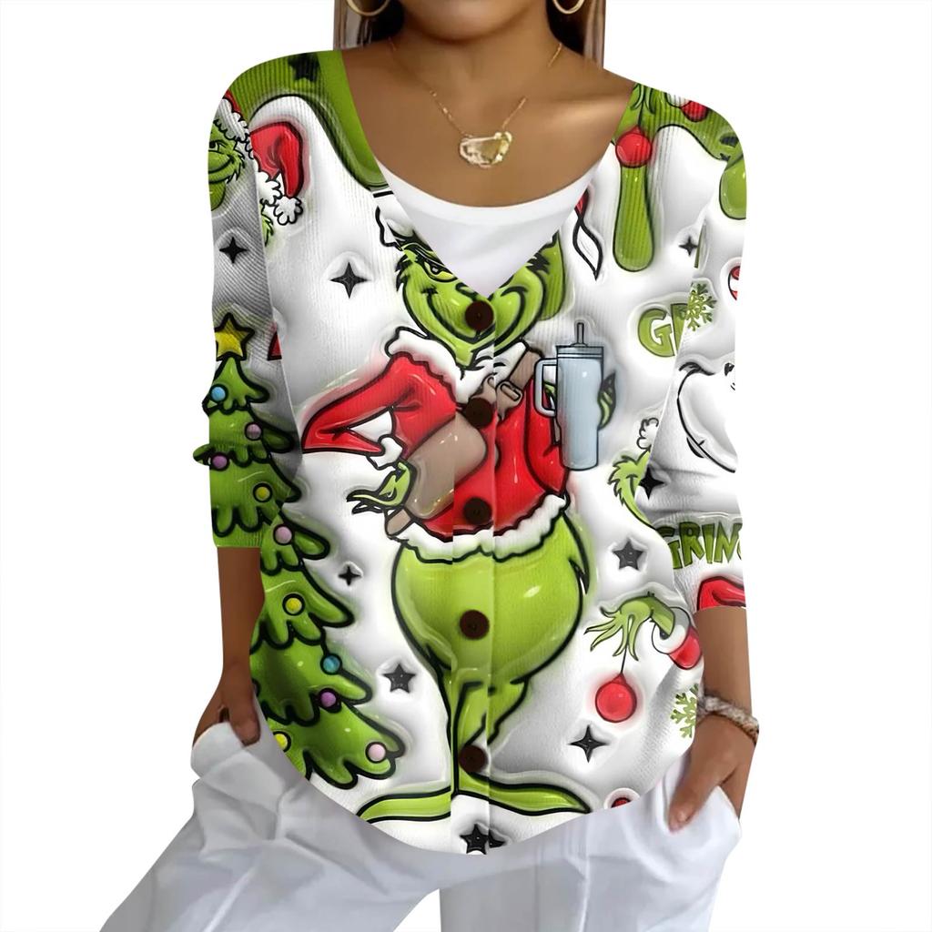 Women's Fashion Casual Knit Sweater Button-Up Christmas Print Cardigan Jacket