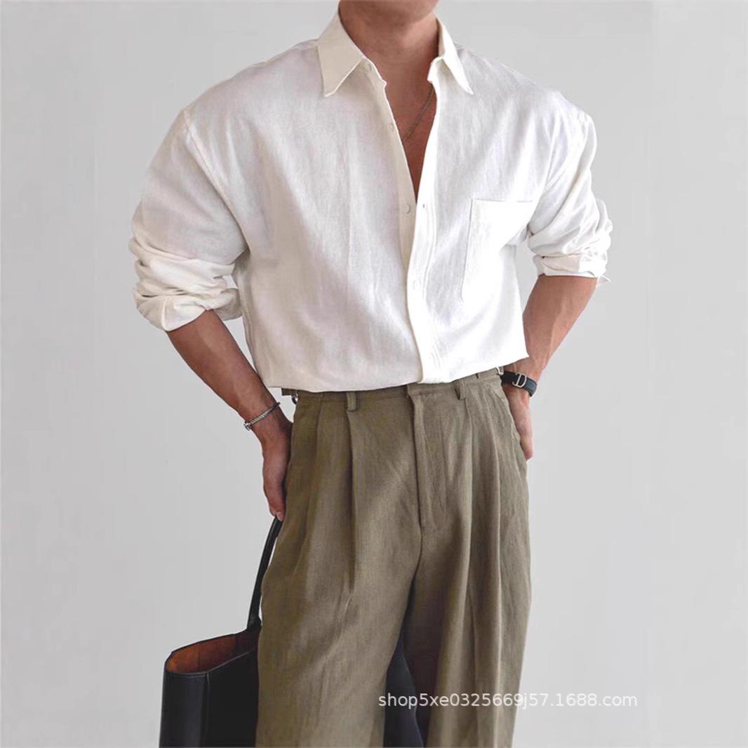 

Мужская белая хлопково-льняная рубашка свободного кроя в европейском стиле с длинным рукавом, защитой от солнца и дышащей тканью M