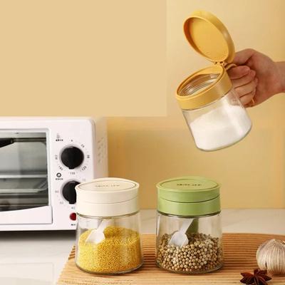 Glass Seasoning Jar Flip Top Salt Shaker Household Seasoning Box with Spoon Kitchen Salt Jar