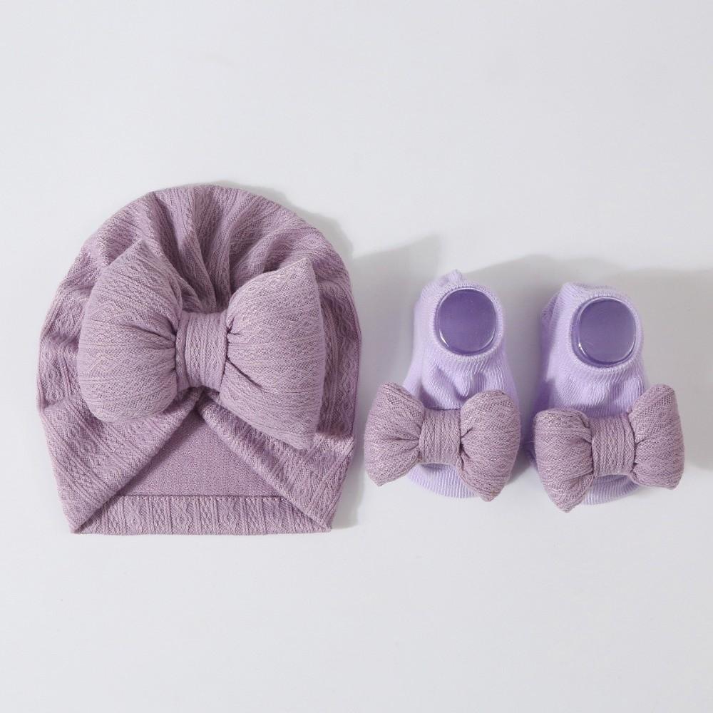 Cotton Knit Baby Hat Socks Set 0-12 Months Newborn Turban Hat Baby Bow Fetal Cap Home/Outdoor