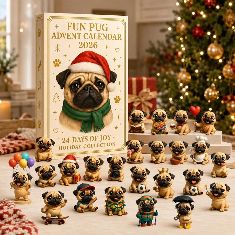 2026 Weihnachten Spaß Mops Adventskalender, 24 Tage Überraschungsfigur Geschenkbox brown