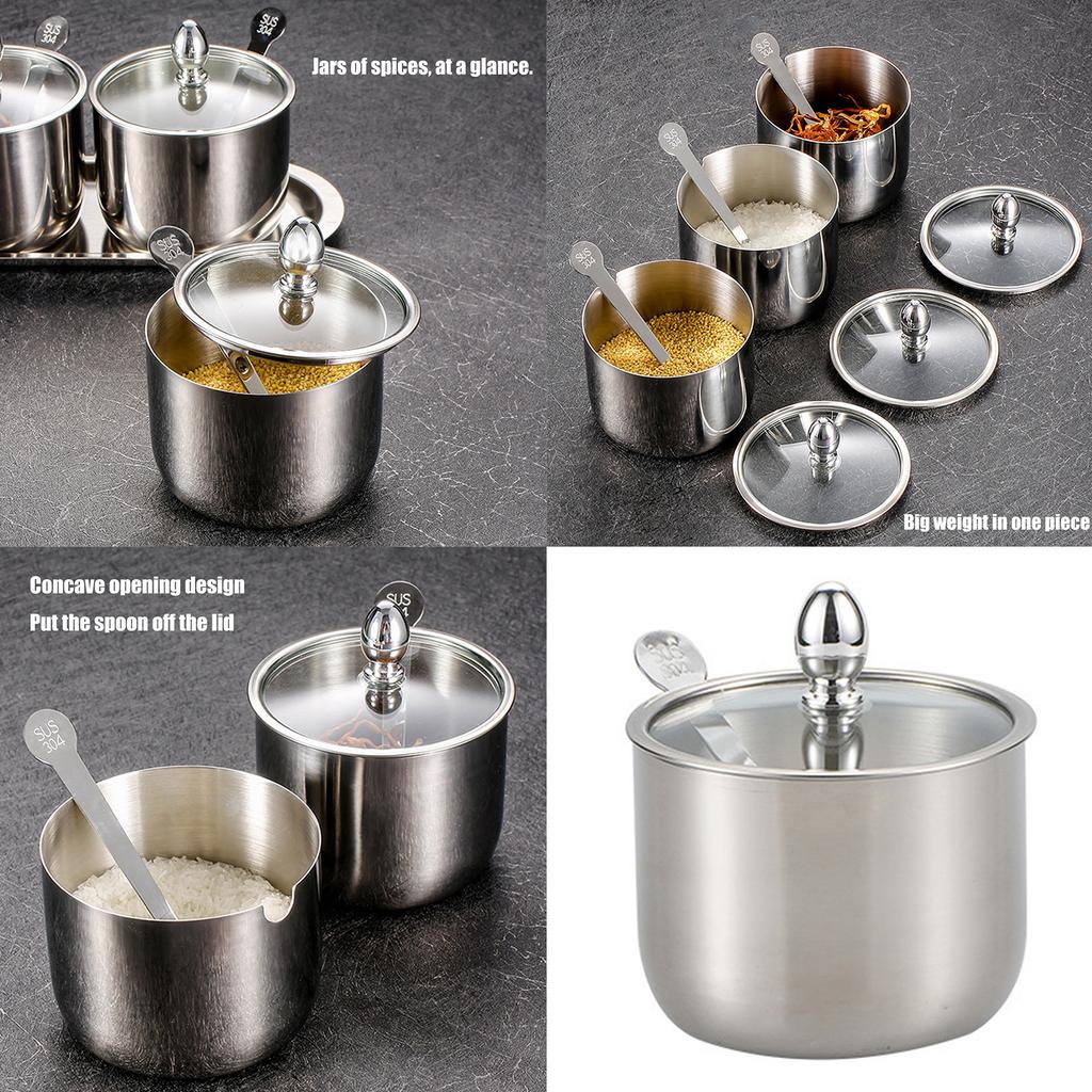 Stainless Steel Sugar Containers Gold/Silver 304 Stainless Steel Sugar Bowl Clear Lid Spoon Kitchen Condiment Pot