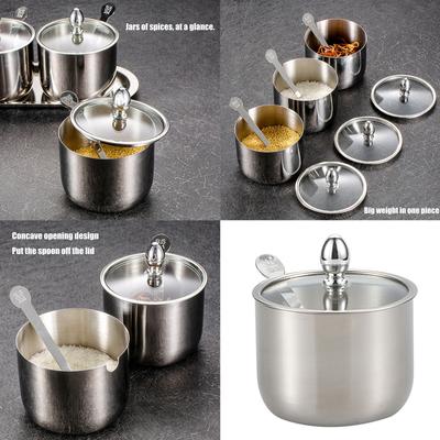 Zuccheriera in Acciaio Inossidabile con Coperchio Trasparente Cucchiaino Scatola Condimenti Multifunzionale Storage Cucina per Spezie e Altro