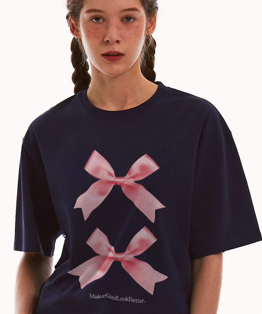 MATCHGLOBE Twice Ribbon Oversized T-Shirt (Navy)