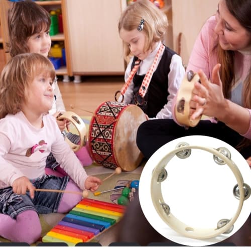 GYWHOOFT Portable 8-inch Tambourine, Handheld Wooden Headless Tambourine with Metal Bell and Single Row Jingle, Musical Percussion Toy