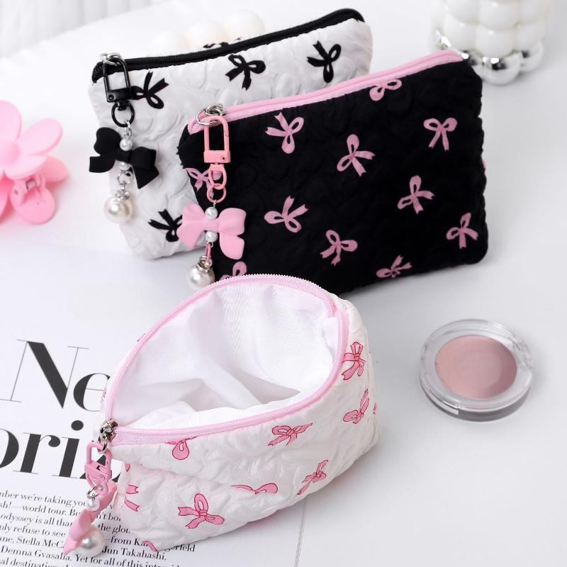 Cute Pink Bow Makeup Bag Mini Storage Case for Lipstick Card Sanitary Napkin Holder Women's Cosmetic Pouch