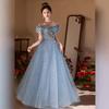 One-word Shoulder Blue Evening Dress Skirt 1011 New High-end Beautiful Light Luxury Niche Host High-end Sense Annual Meeting Women