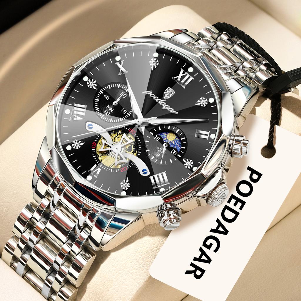 POEDAGAR Original Luxus Herrenuhr Wasserdicht Leuchtend Chronograph Armbanduhr Edelstahl Quarzuhren für Mann Reloj