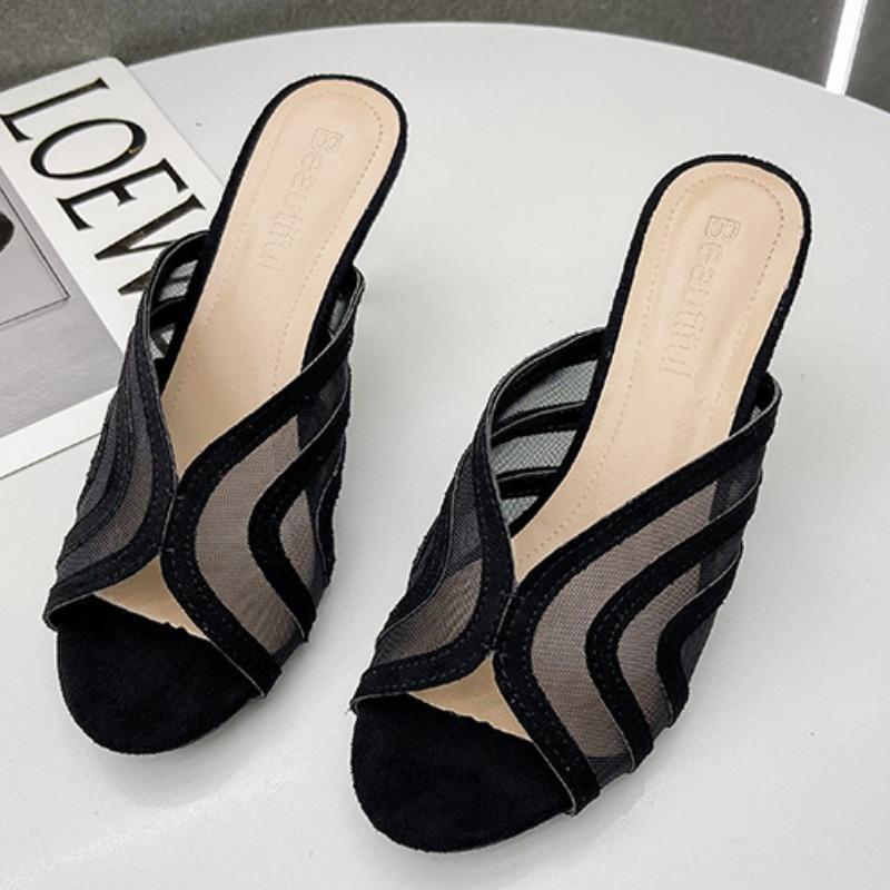 

Fashion Half Slippers Women s Summer 2024 New Mesh Style Pointy Thin Heels Internet Red High Heels External Wearing Cool Slippers 35 чёрный