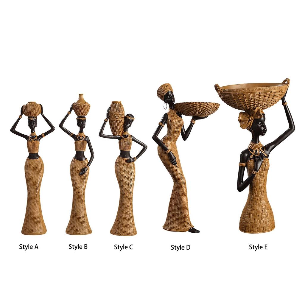 Africian Women Figurine Tabletop Sculpture Hand Painted Retro Woven Pattern Brown Decoration for Living Room Lightweight