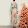 2026 Sky Blue Floral Chiffon Dress With Stand Collar Puffed Sleeves Waist Cinched Mermaid Maxi Gown