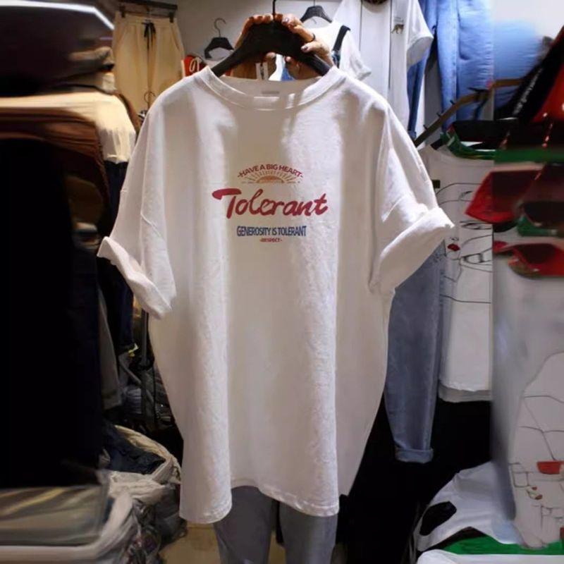 

Fat Girl Summer Loose Oversized Short-Sleeve T-Shirt, Trendy Korean Style, Medium-Long Letter Print White Top White M [Recommendation 40-50kg]