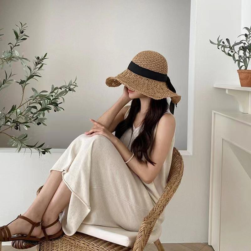 New Japanese Straw Hat Women's Summer Lace-up Large Brim Beach Hat Foldable Vacation Cool Hat Sun Protection Visor Hat