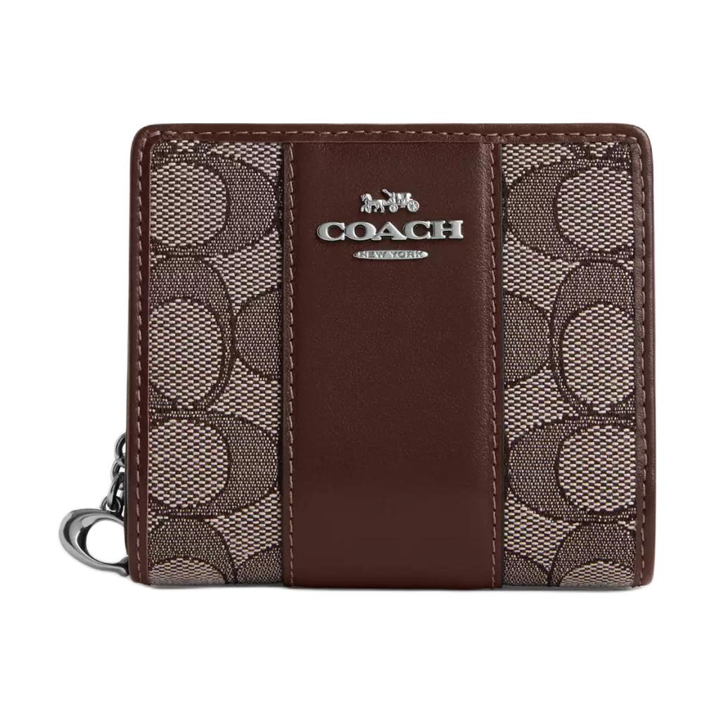Coach Snap Wallet 11 Classic Monogram Signature Jacquard With Fine Calfskin Women Wallet Silver Oak Maple CU991-SVS8S Silver & Oak & Maple