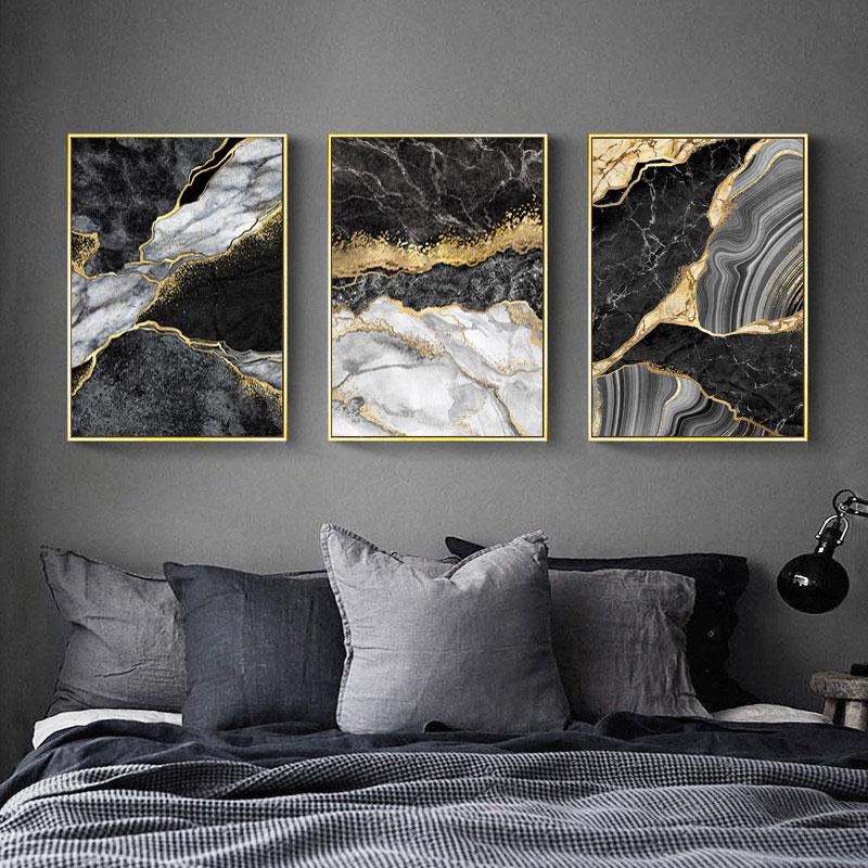 Abstract Wall Art Black White Canvas Painting  Marble Mosaic with Golden Veins Posters Prints Wall Picture for Living Room Decor
