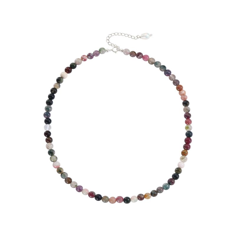 S925 Silver 5-6mm Faceted Tourmaline Necklace Rainbow Multicolor Gemstones Natural Stones Beaded Freshwater Pearl For Women Girl 38cm