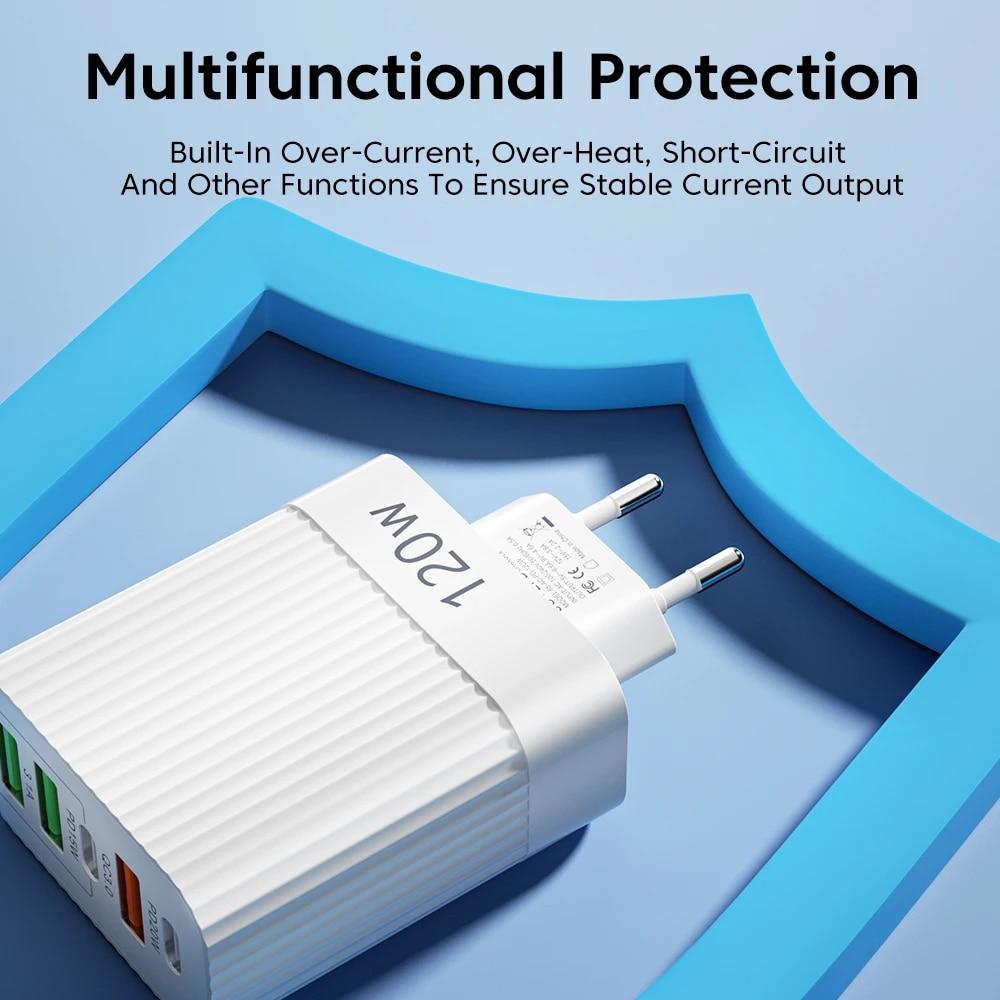 PD 120W GaN Quick Charger 3.0 US EU Plug Travel Portable 5 Port USB Type C Fast Charging Suitable For Android Ios iPhone Xiaomi