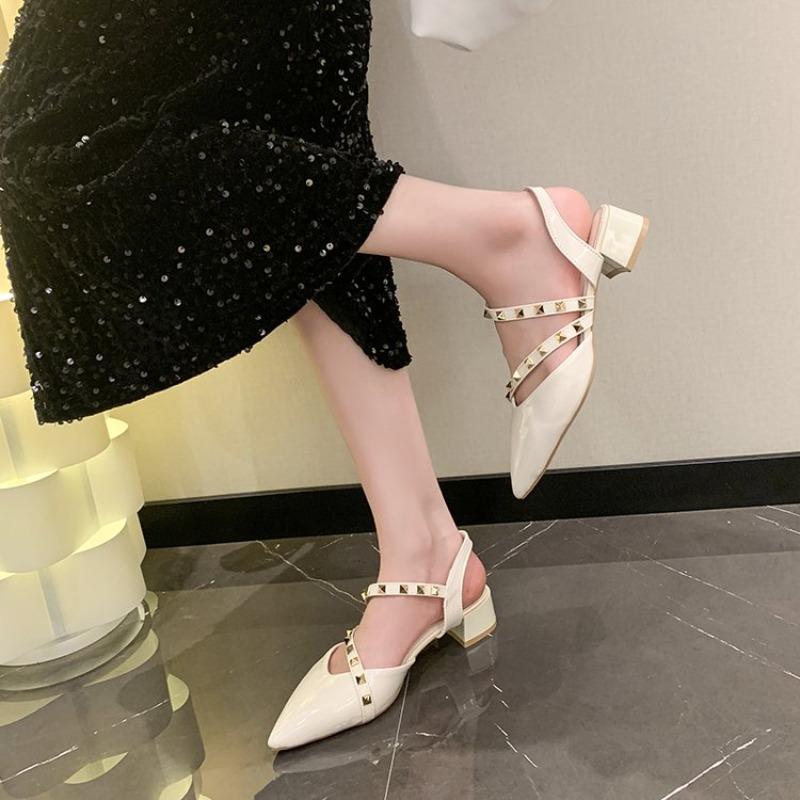 Fashion Baotou Mid-heel Shoes Spring New Pointed Head Shallow Mouth Rivet A Line with Anti-slip Wear-resistant Sandals