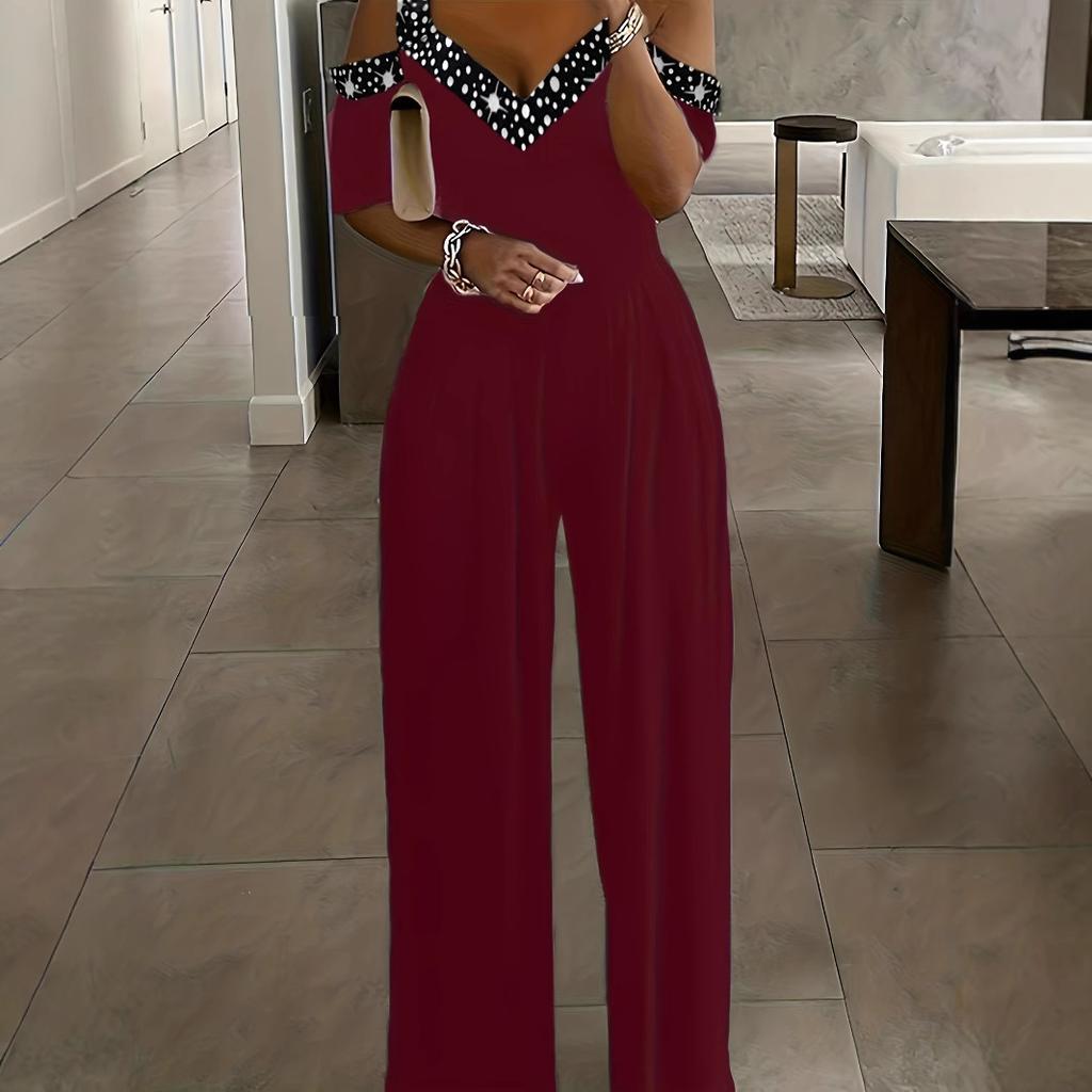 Damen Kalt Schulter V-Ausschnitt Strass Weites Bein Jumpsuit Elegant Hohe Taille Party Romper