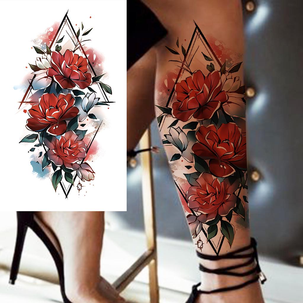 1 Sheet 3D Flower Temporary Tattoos Sleeve For Women Girls Watercolor Peony Rose Sexy Tattoo Sticker Water Transfer Transferable