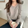 Powder Blue Elegant Solid V Neck Loose Slimming Versatile Long Sleeve Sweater Women Spring Minimalist Base Layer Top