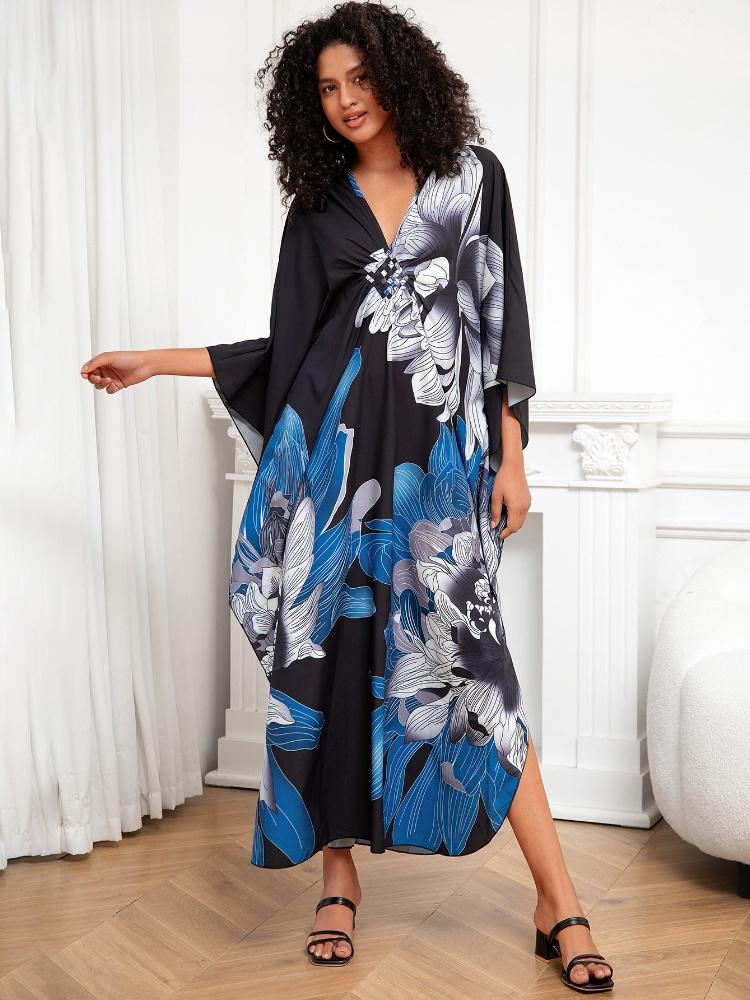 EDOLYNSA Versatile Blue Women's Kaftan Robe Light jacket Caftan Bathrobe Vacation Long Dress Hot Selling Lounge around Outfit Q1289
