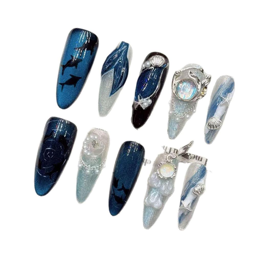 Mermaid Cat Eye Blue Medium Pointed Handmade False Nails