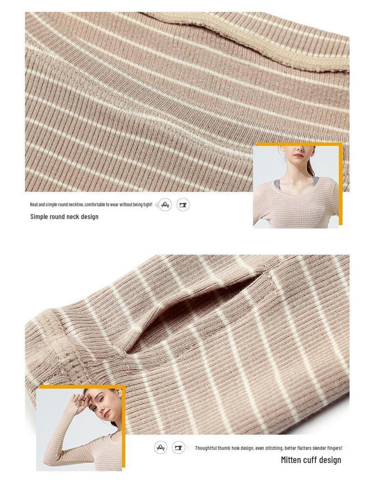 Women's Spring Striped Slimming Yoga Crop Top with Thumb Holes - Long Sleeve Fitness Shirt