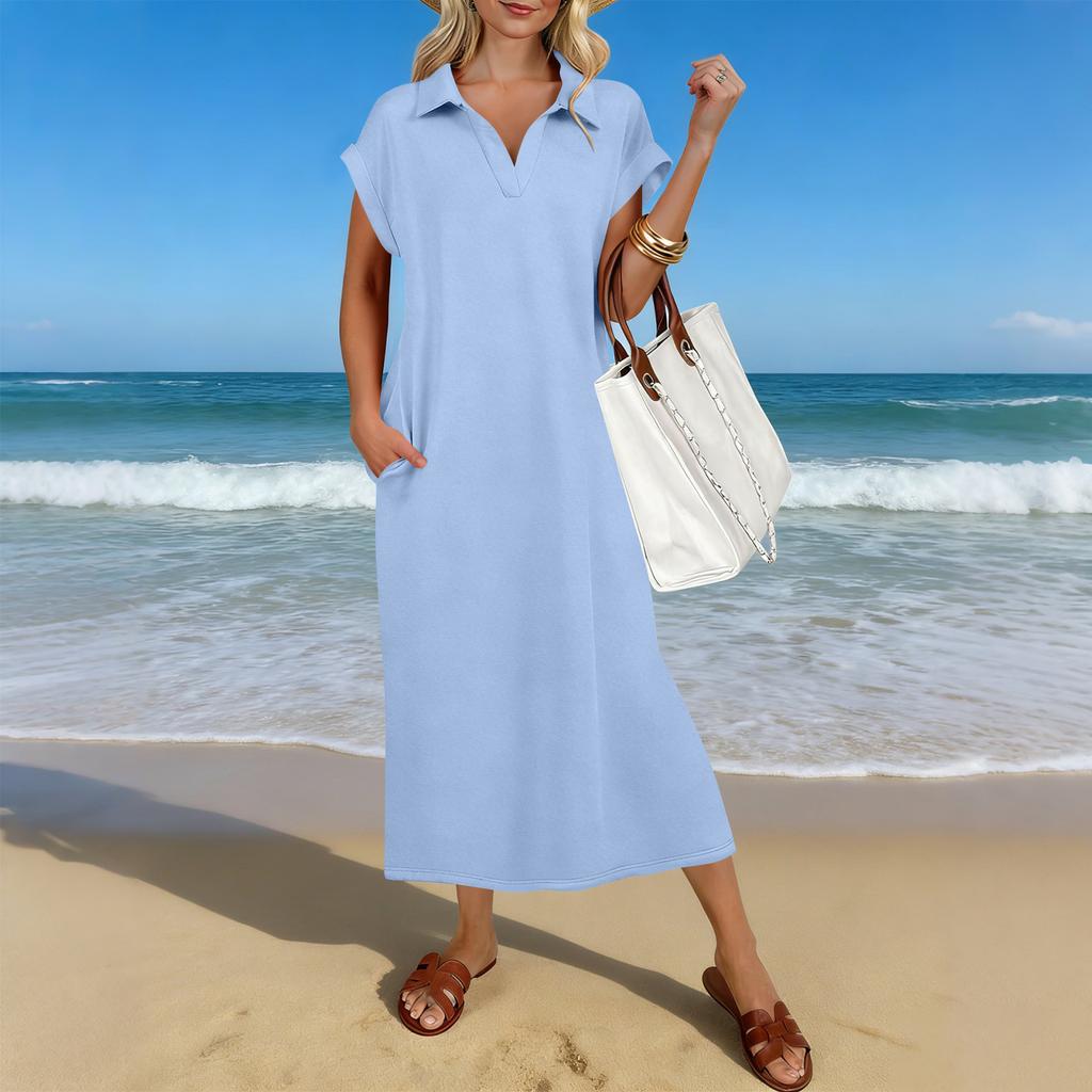Letnia Casualowa Sukienka Midi Damska z Krótkim Rękawem i Dekoltem V, Luźny Krój, Rozcięcie na Dole, Sukienka T-Shirtowa Maxi na Plażę i do Kurortu