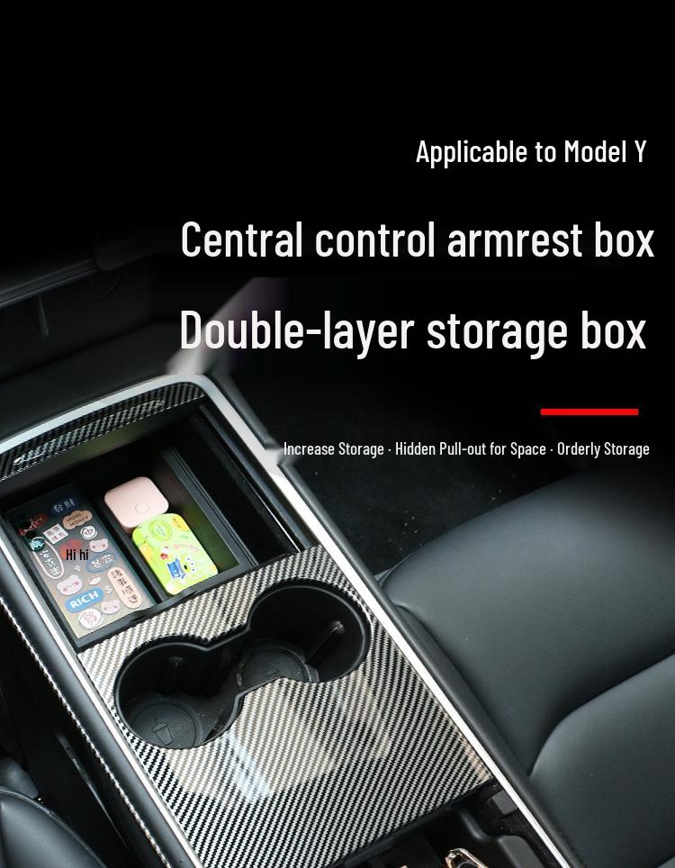 Eco-Friendly Double-Layer Armrest Storage Box for Tesla Model Y Center Console