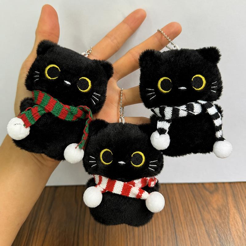 Cute Black Cat Keychain Plush Cat Doll Pendant Christmas Halloween Party Gifts Couple Bag Charm Backpack Hanging Ornaments