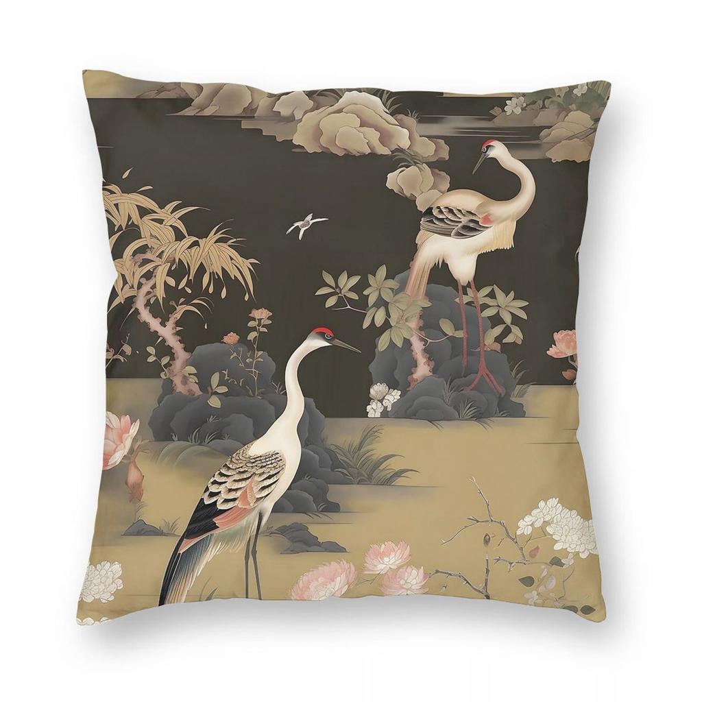 Federa Quadrata Stile Chinoiserie Gru della Giungla Nera Poliestere Lino Velluto Creativa Zip Decorata Federa Copricuscino per Divano