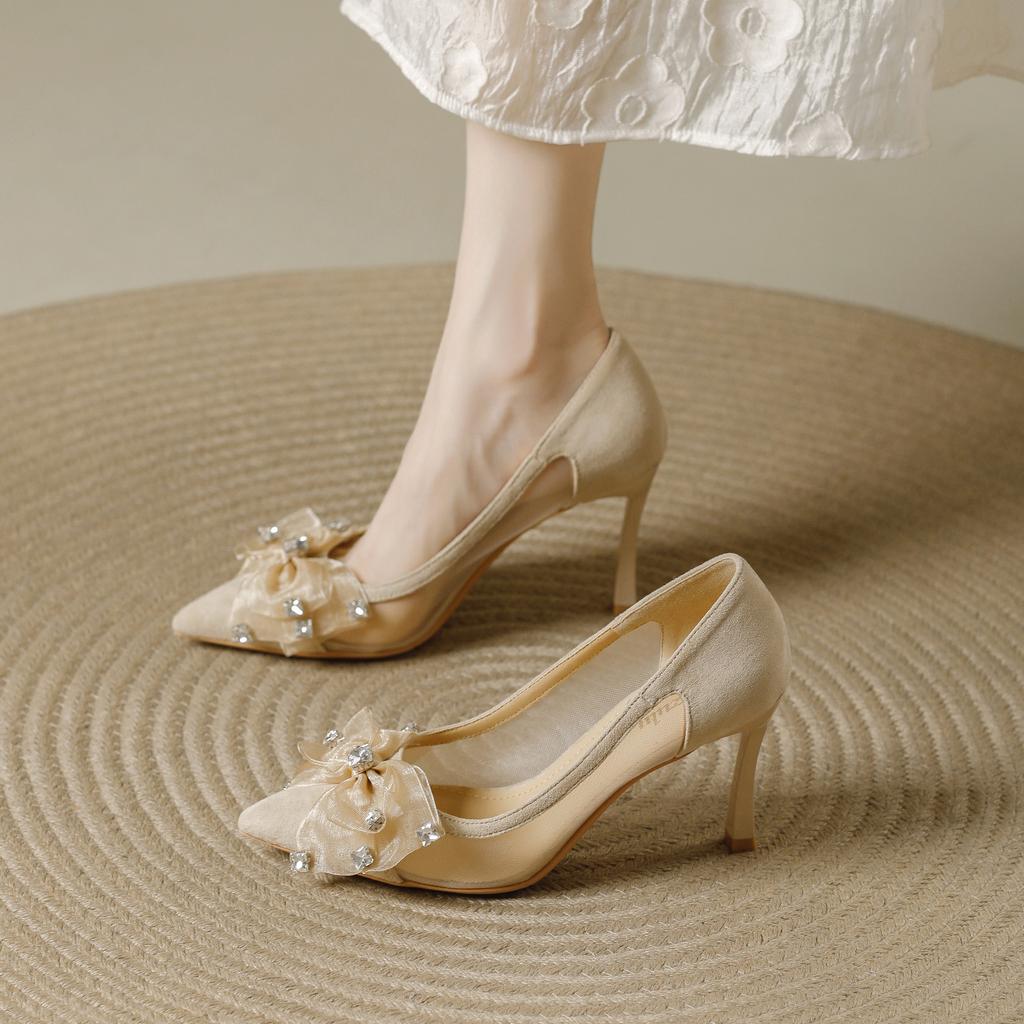 Mesh fine heel single shoes women's summer 2025 new with skirt bow gentle fairy wind shallow mouth high heels