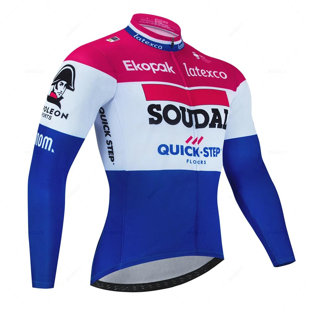 Soudal Quick Step France Jesienny Zestaw Koszulek Rowerowych Ubrania na Rower Szosowy Długi Rękaw Jednolity Strój MTB Spodenki na Szelkach Rowerowe Koszulka Sportowa do Jazdy
