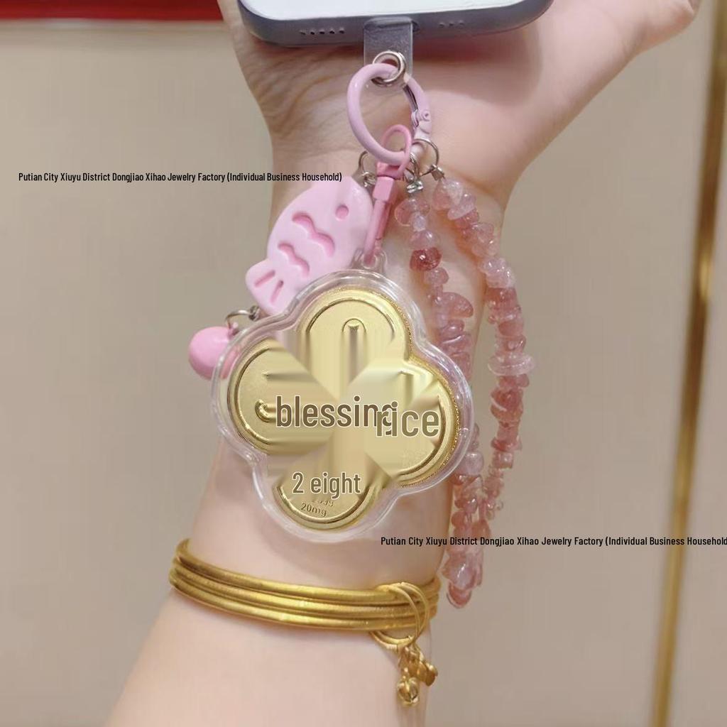 999 Pure Gold Four-Leaf Clover Good Luck Charm: Little Fish, Strawberry Bear Bracelet, Keychain, & Phone Pendant