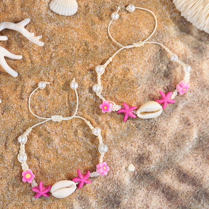 1011 Ocean Resort Wind Starfish Shell Bracelet, Daisy Rainbow Print Hand Rope Tide