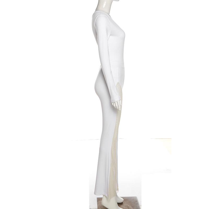 Salopetă de damă de toamnă 2021 cu umăr gol, patchwork din plasă