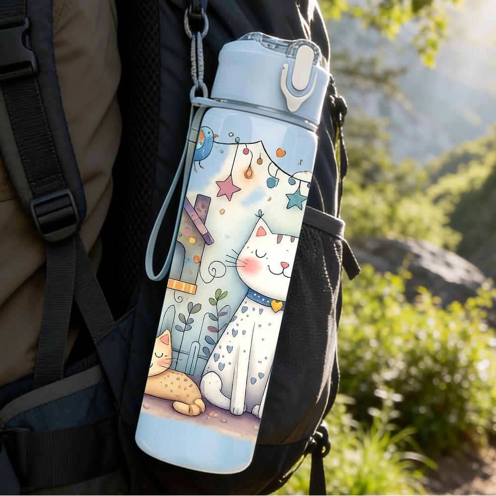 1PC Cute Cat House Cartoon Scene Print 750ml Color Plastic Sports Water Bottle Leakproof Flip Straw Lid Suitable for Sports Office Home Use