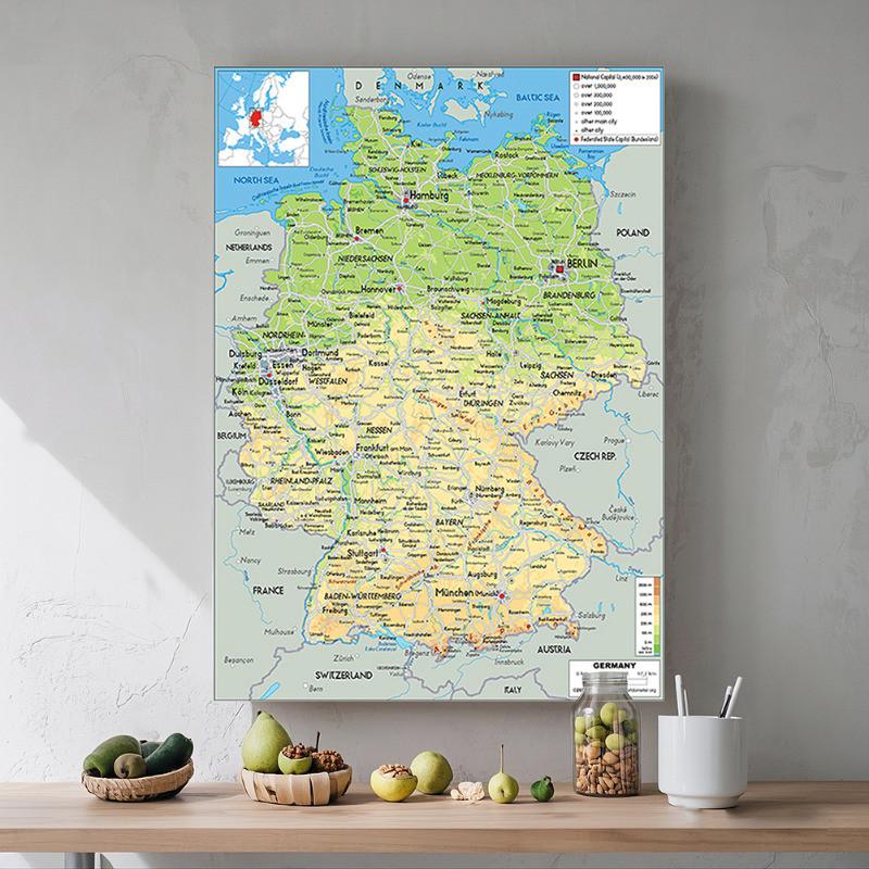 Unframed English-Germany Map-Geographic Map,Wall Decor for Home,Classroom,Indoor/Outdoor Use,Educational Poster,Travel Tools
