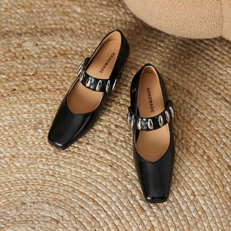 Fashion Cowhide Black Silver Metal Decorative Wedge Heel High-heeled Shoes Spring Autumn Fashion Commute Ballet Soft Flat Single Shoes