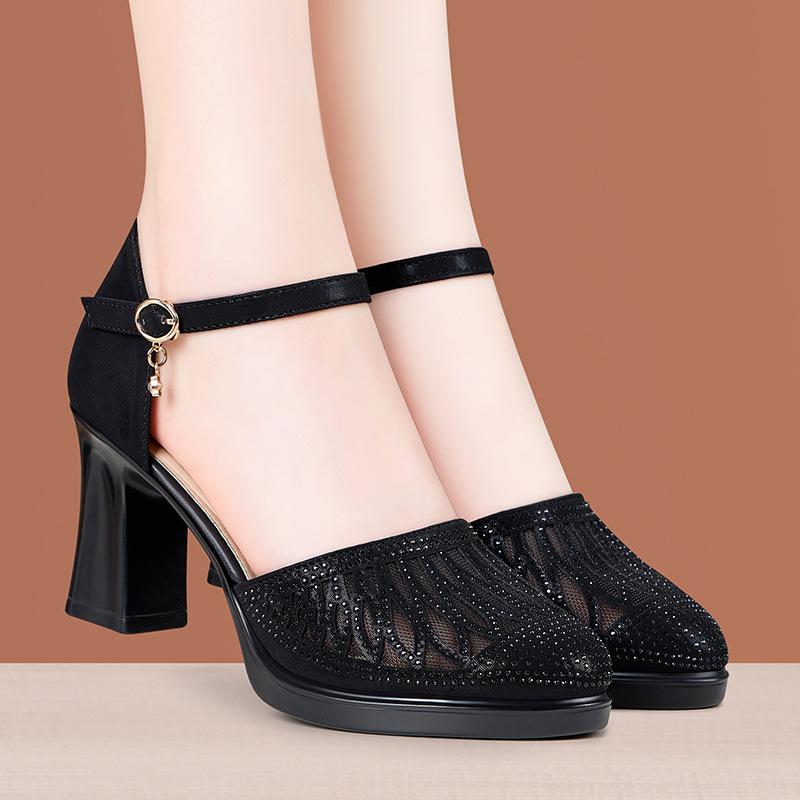Women Closed Toe Sandals Women's Hollow Rhinestone 5CM/7CM Chunky Heel Shoes Hollow Mesh Mom High-heeled Shoes