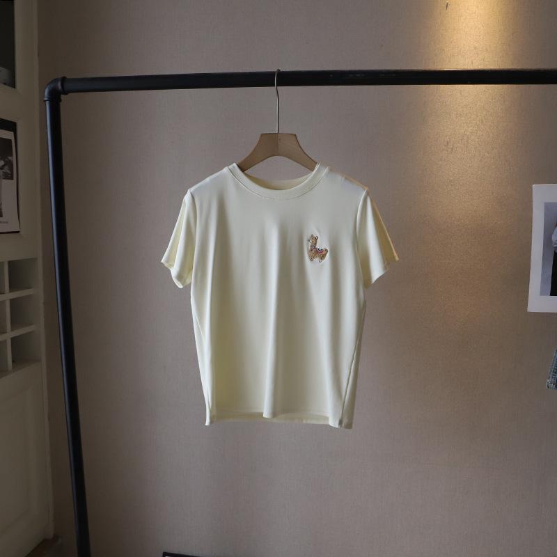 

[Bi Zheng] 2025 Korean Style Cartoon Embroidery Crew Neck Age-Reducing Women s T-Shirt One Size абрикосовий/вершковий