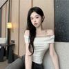 One-word Shoulder Sweet Spice Girl Bow Short-sleeved T-shirt Women's Summer Design Sense Slim and Thin Pure Shoulder Short Top