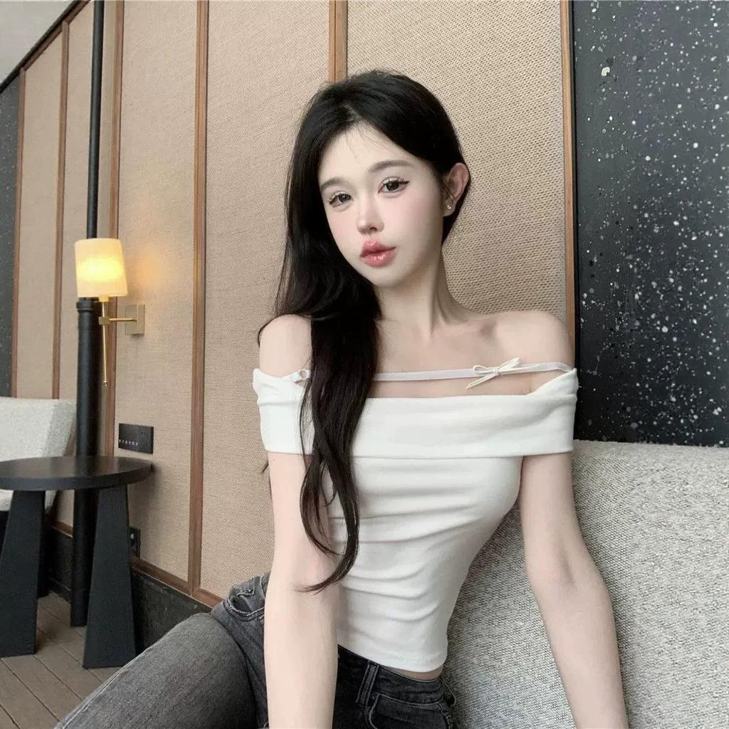 One-word Shoulder Sweet Spice Girl Bow Short-sleeved T-shirt Women's Summer Design Sense Slim and Thin Pure Shoulder Short Top