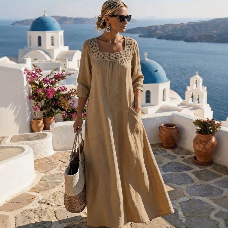 Casual Square Neck Three Quarter Sleeve Solid Color Womens Loose Long Maxi Dress